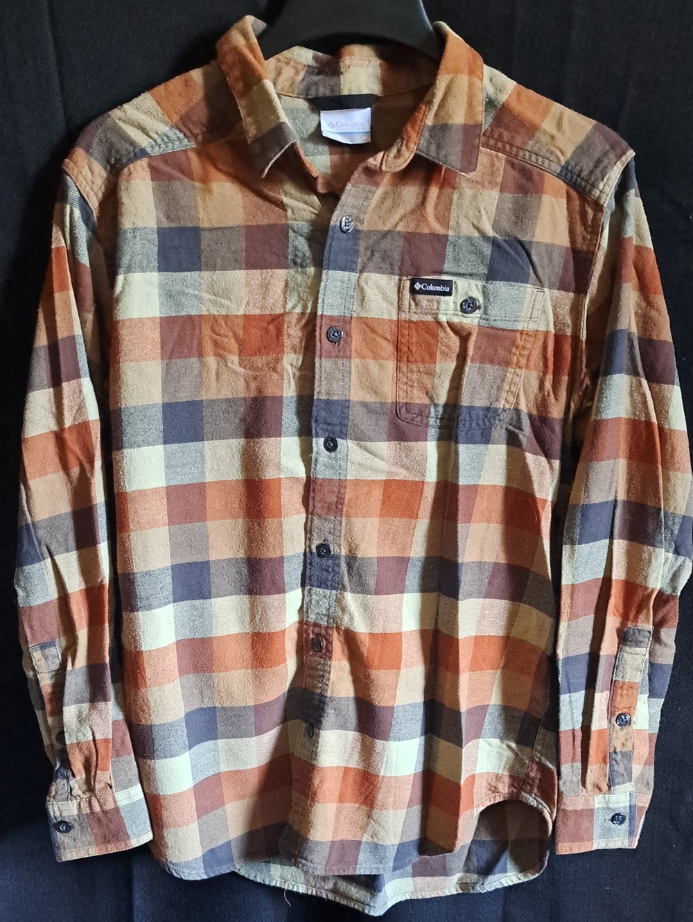Columbia Men’s Orange, Brown And Grey Plaid Button-Up Shirt